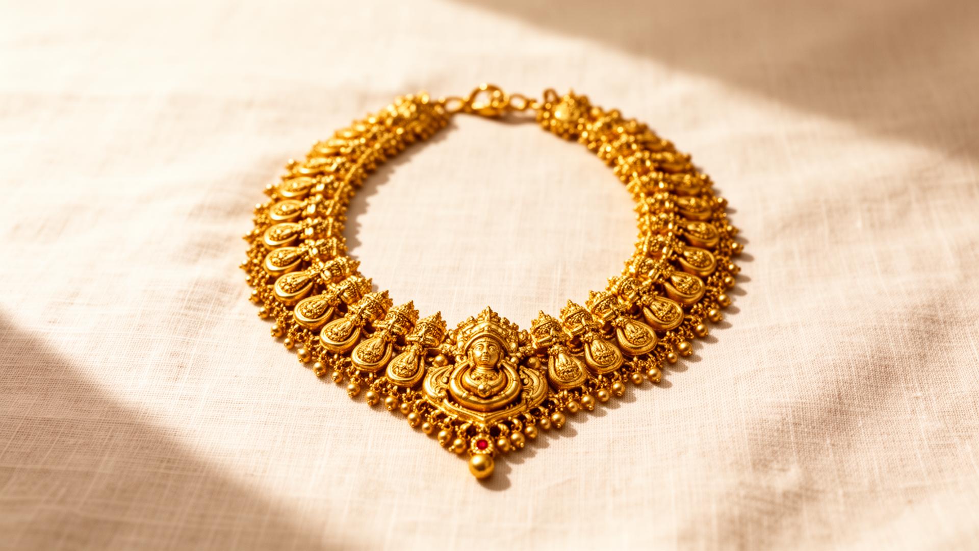 Gold-polished imitation necklace on cream linen